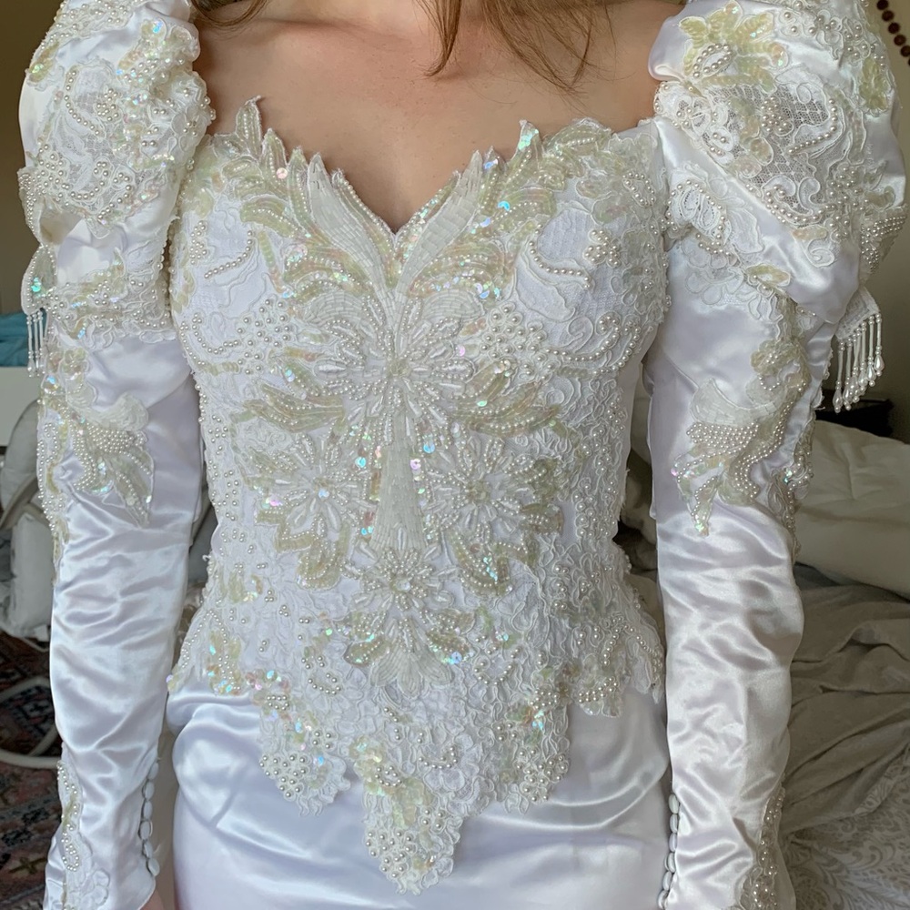 White and Gold Sequin Embellished Gown with Puff Sleeves